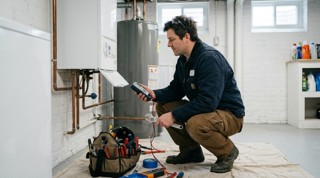 Technician testing gas pressure controls and relief valve on a commercial heating boiler in a Bronx basement