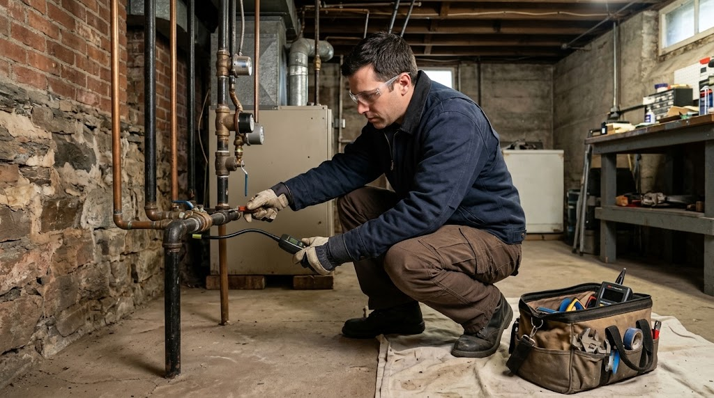 Plumber testing gas line pressure gauge and inspecting brass shutoff valves in a mechanical room