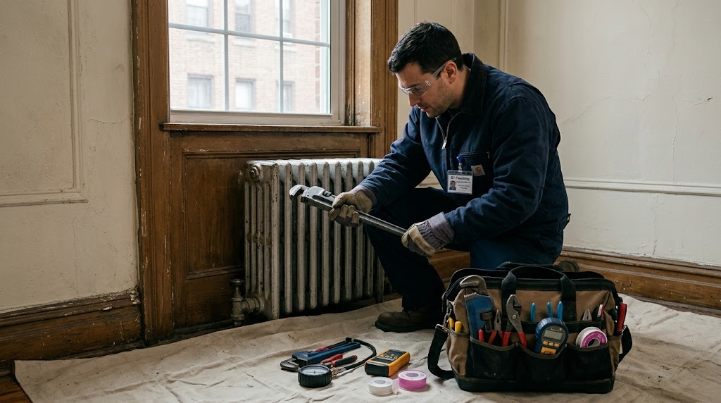 Plumber inspecting valve fittings and bleeding steam radiator in a historic Bronx apartment