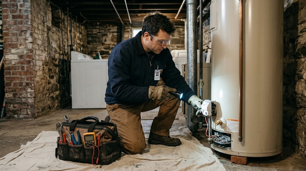 Plumbing technician testing gas burner control valve and pressure relief valve on a residential water heater in Bronx NY